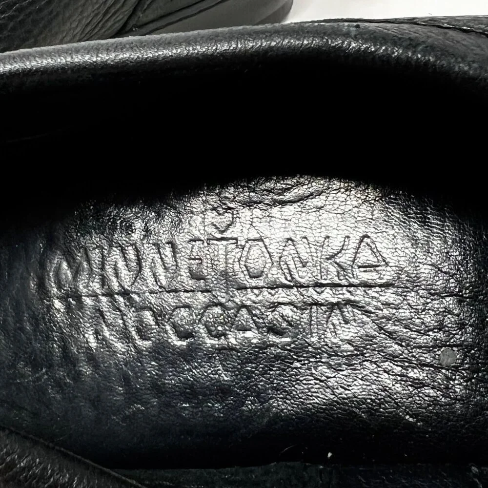Minnetonka Mens Black Loafer Slip On Double Leather Shoes Size 8.5 -‎ Broken In
